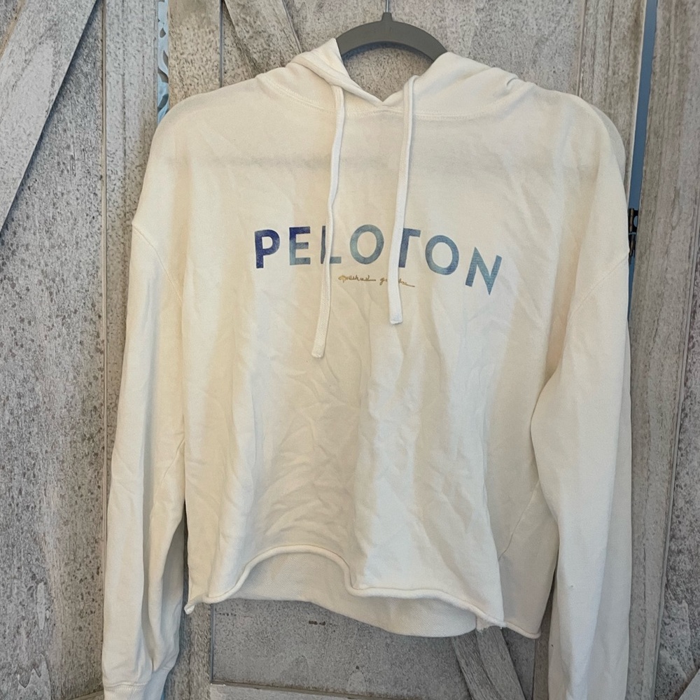 Peloton White blue spiritual gangster cropped hoodie women’s size Medium